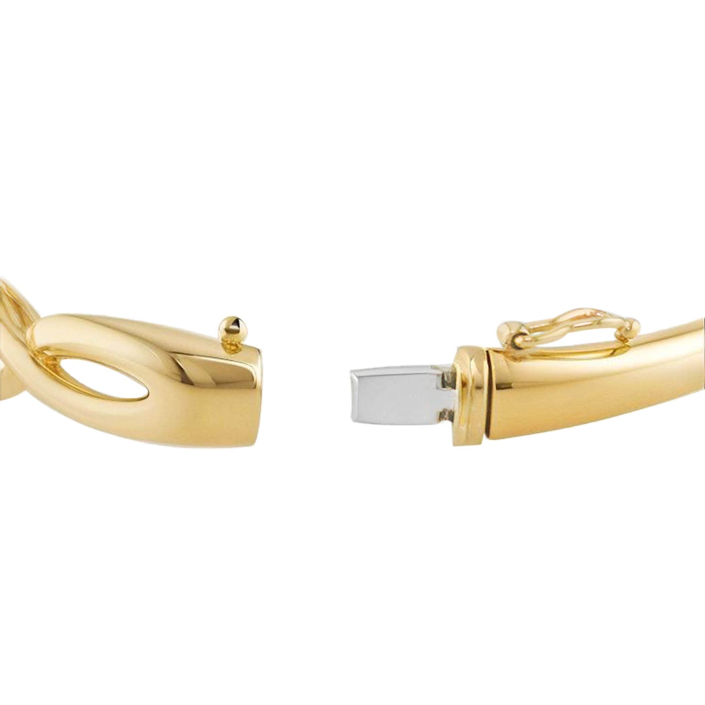 Close-up of hinged bangle clasp showing tongue closure in 14k white gold with polished yellow gold finish. Item No. 40794