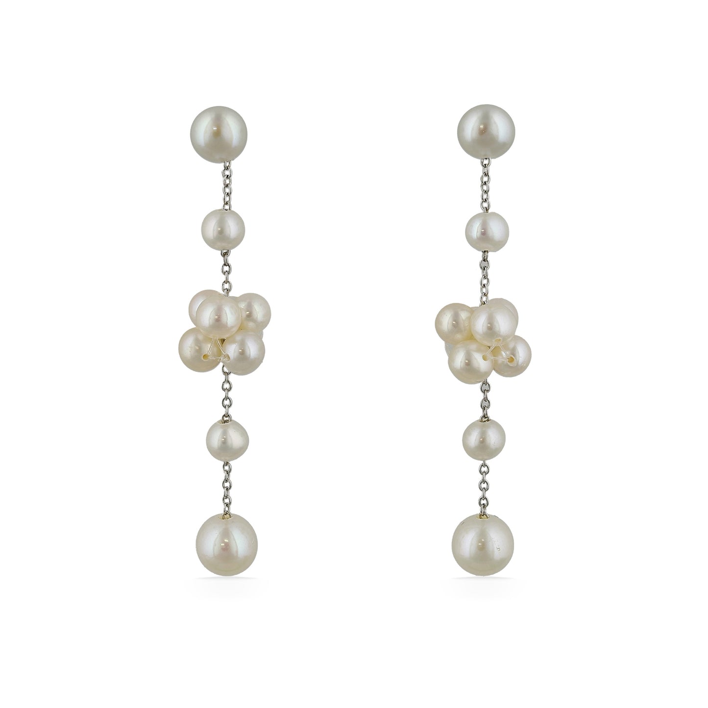 Front view of elegant freshwater pearl drop earrings with clusters of pearls suspended on fine silver chains. Item No. 700693