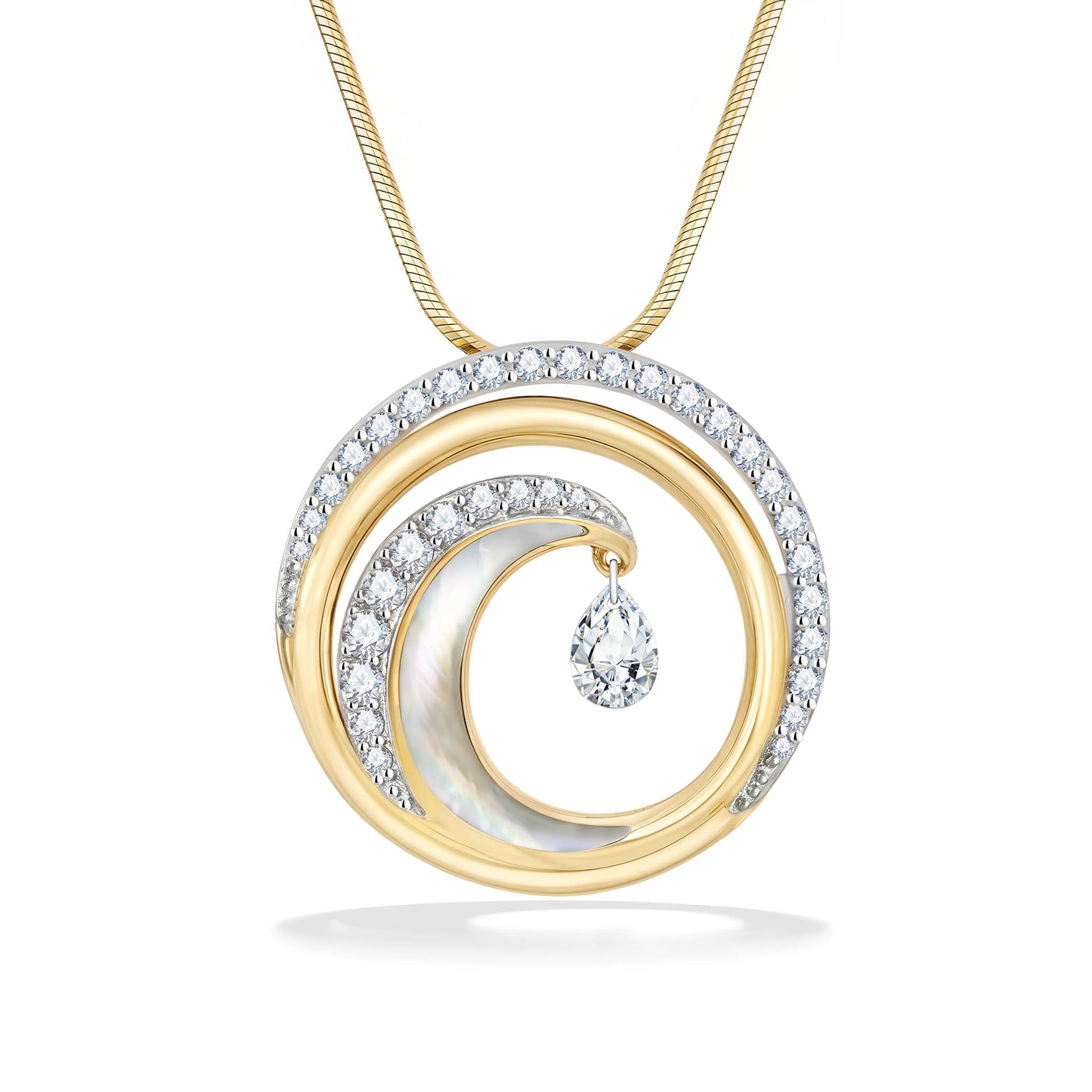Large 14k yellow gold wave pendant with diamond accents, mother-of-pearl inlay & pear-shaped shimmer diamond. Item No. 40820