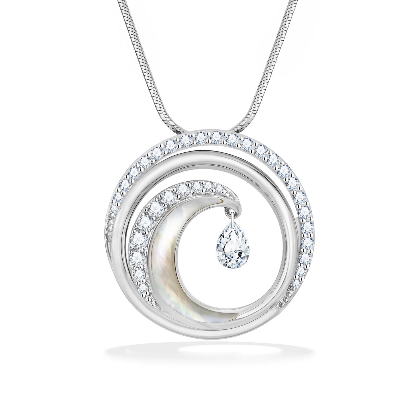 Large circular pendant with pavé-set diamonds & mother-of-pearl inlay in wave design with a dangling shimmer. Item No. 40821