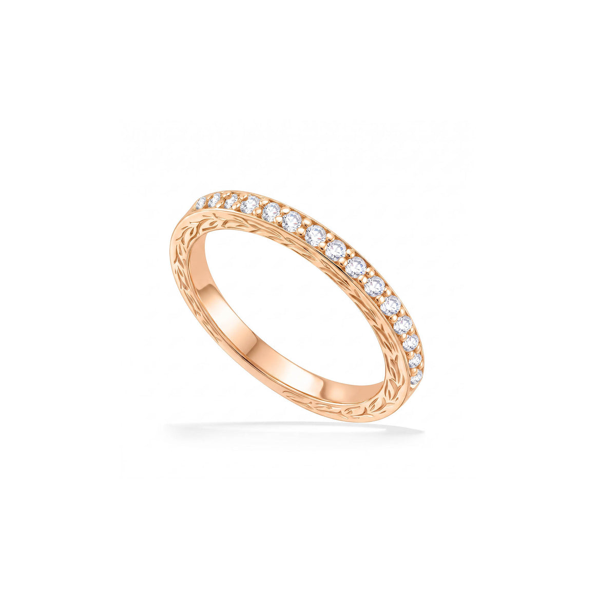 Rose gold Maile ring featuring pavé-set diamonds and carved Maile scrollwork wrapping the full band. Item No. 40784
