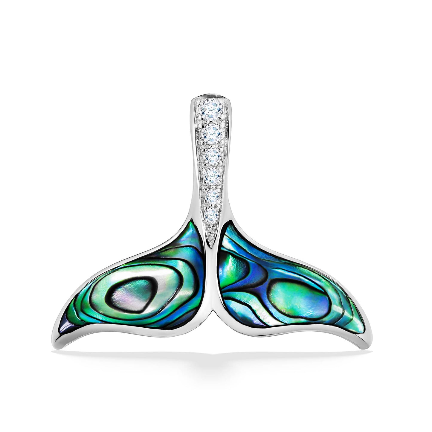 Vibrant white gold whale tail charm with shimmering abalone swirls and a splash of diamond sparkle. Item No. 41388
