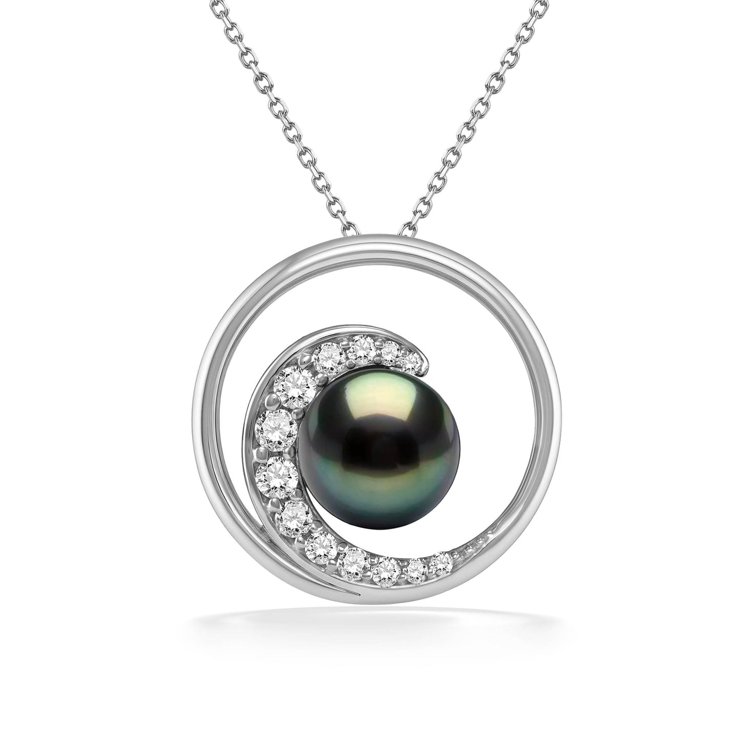 Circle pendant in white gold depicting a wave-like design with a center tahitian pearl on a diamond crest. Item No. 40663