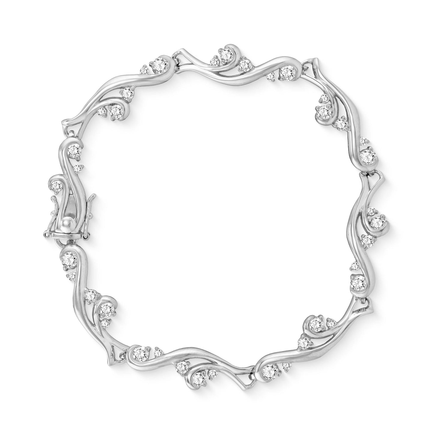 Sophisticated waterfall inspired design link bracelet set in 14K white gold, adorned with diamonds. Item No. 40622