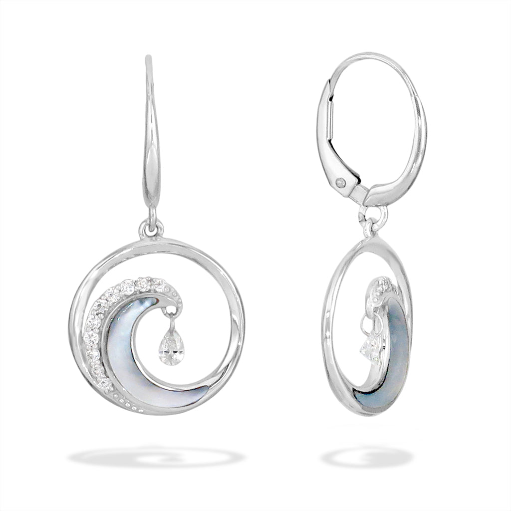 White gold leverbacks with mother-of-pearl inlay wave design, pavé-set diamonds & pear-shaped shimmer dangles. Item No. 40592