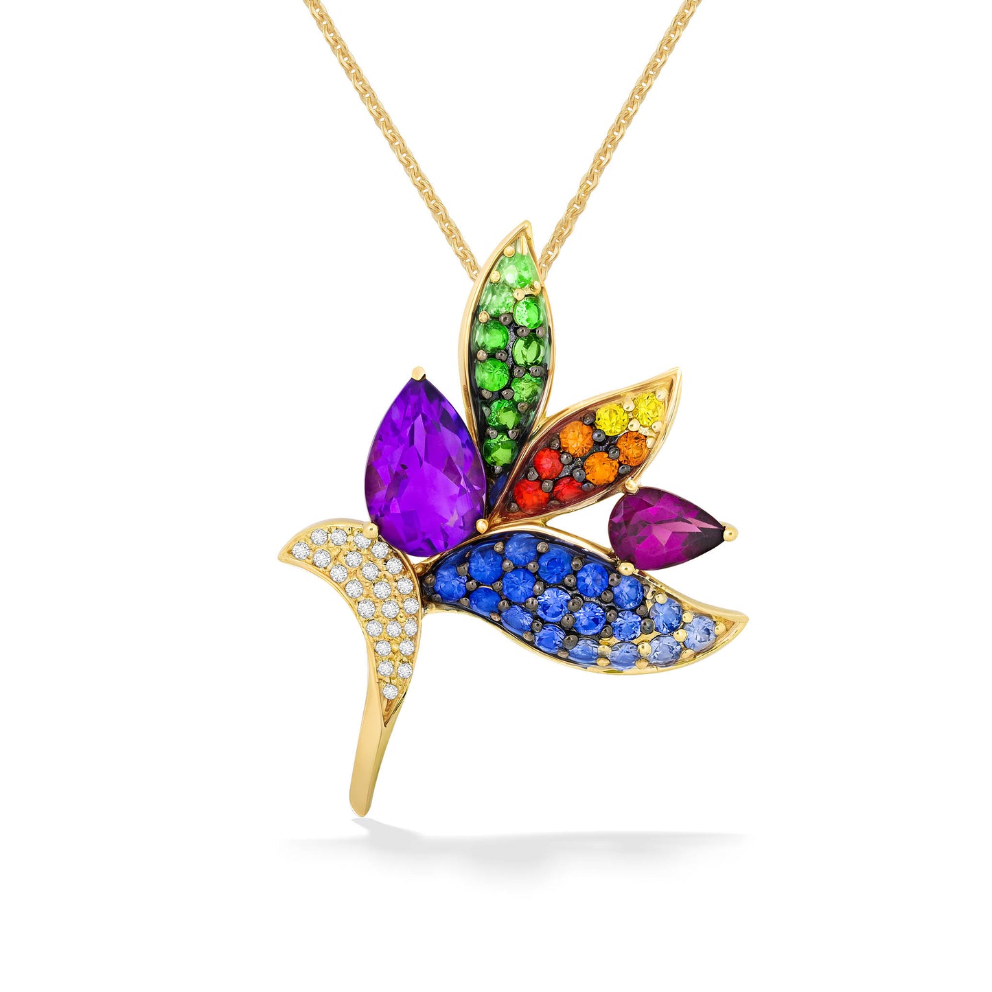 Yellow gold bird of paradise pendant with rainbow-colored gemstones and pavé-set diamond detailing. Item No. 769035