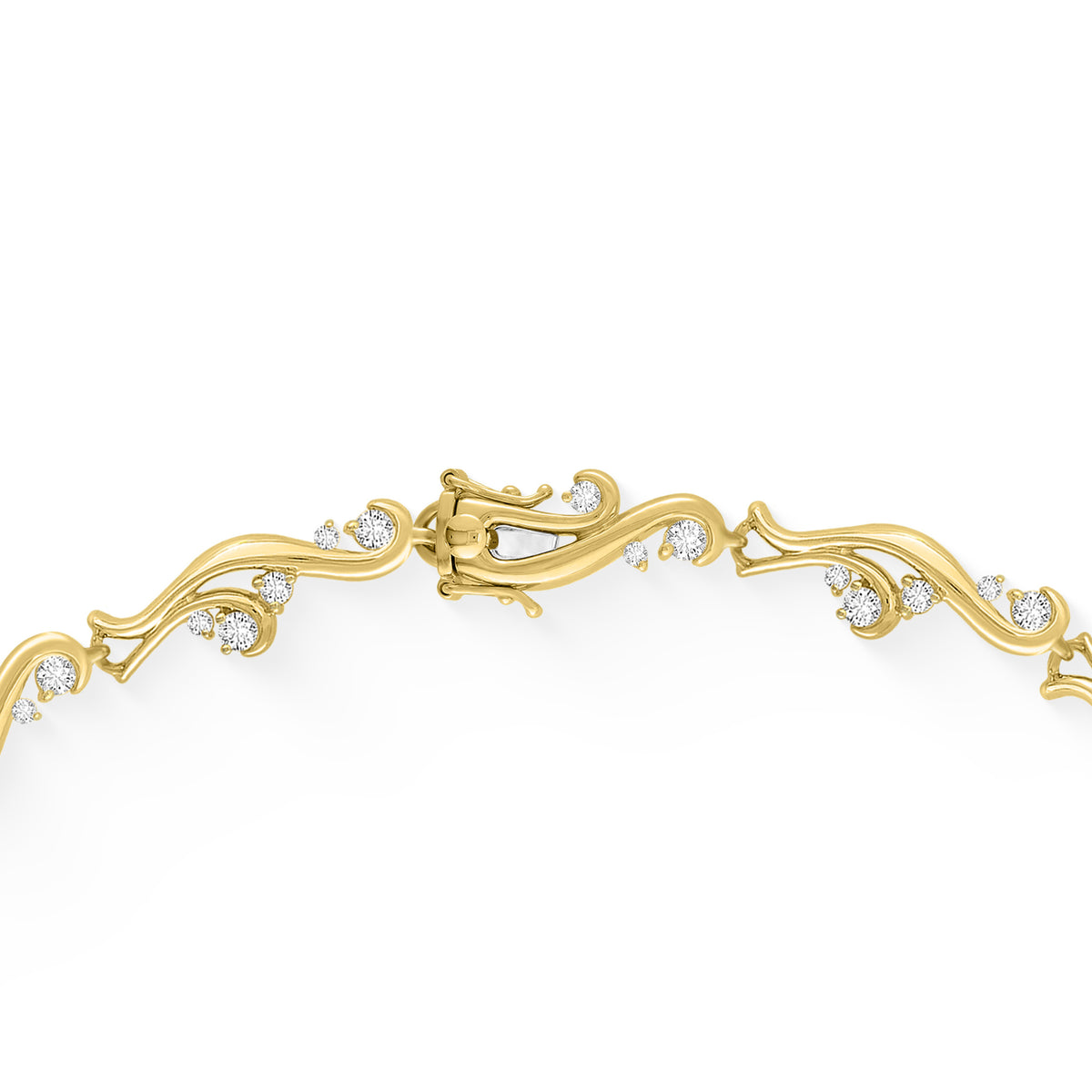 Close-up of closed waterfall necklace button clasp mechanism, showing a 14k white gold tongue. Item No. 40735