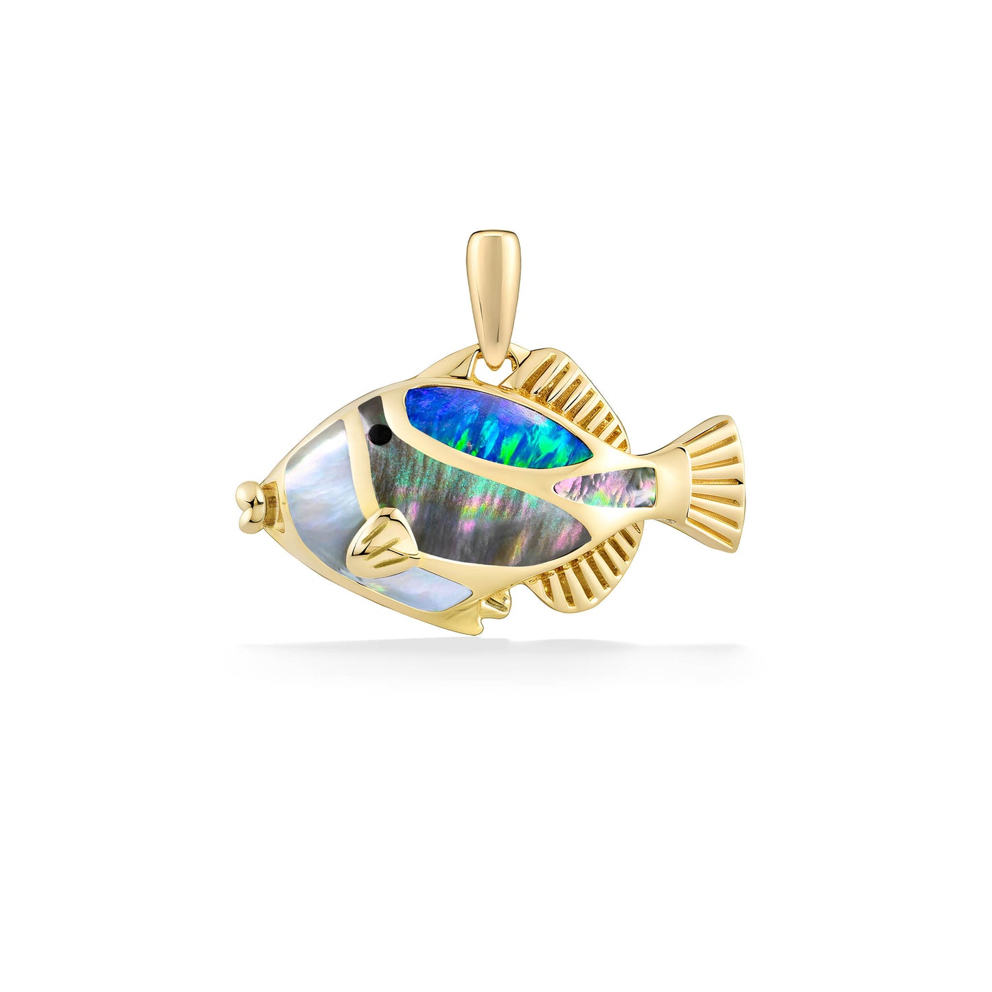 Detailed humuhumu pendant set in 14K yellow gold with various inlays of Mother of Pearl, Onyx and Opal. Item No. 43249