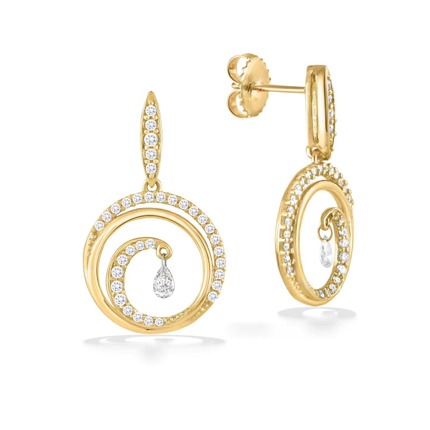 Yellow gold dangle earrings with double wave circles, pavé-set diamonds, and a pear-shaped shimmer drop stone. Item No. 43385