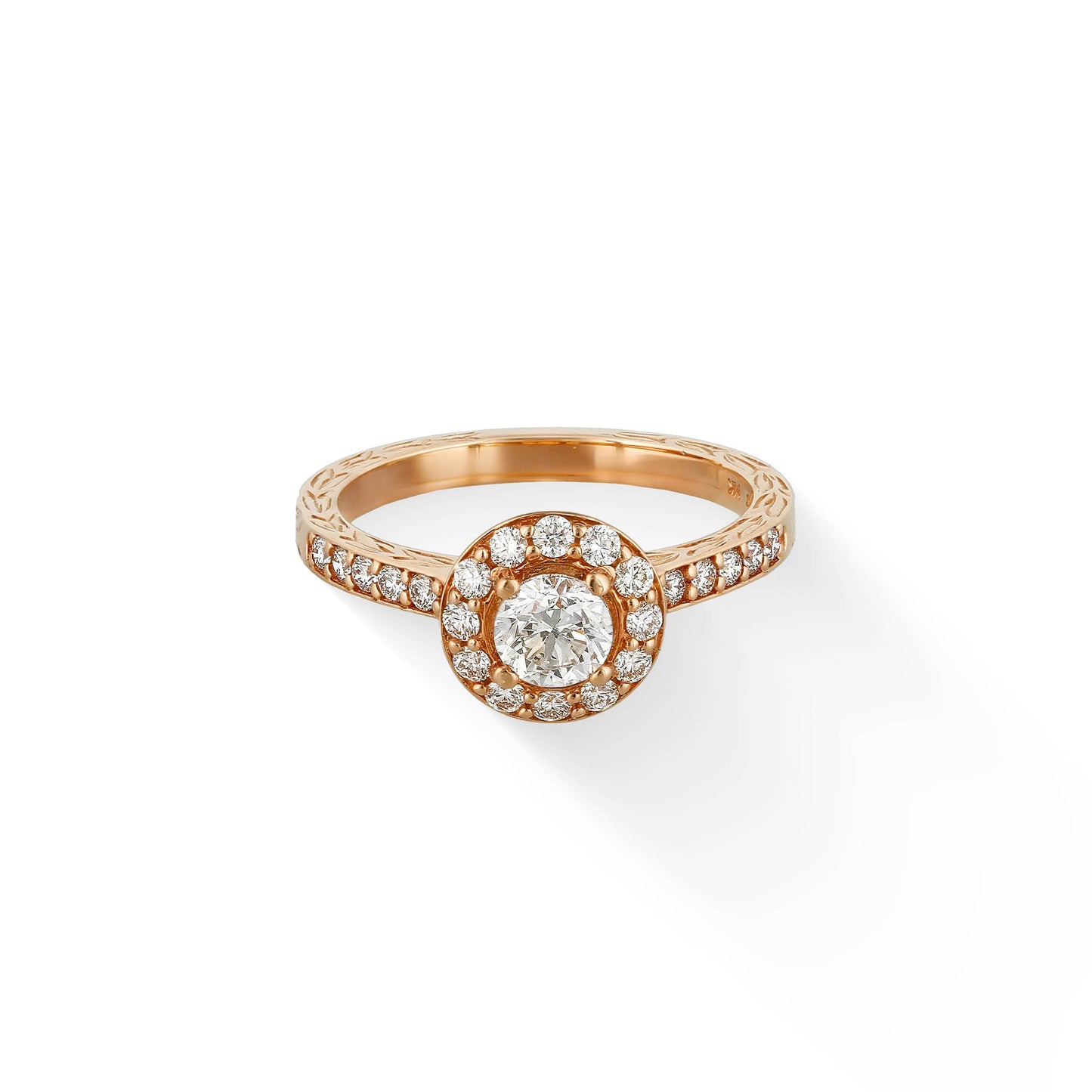 Overhead angle of rose gold engagement ring showing halo design, gleaming diamonds & ornate maile detailing. Item No. 43187