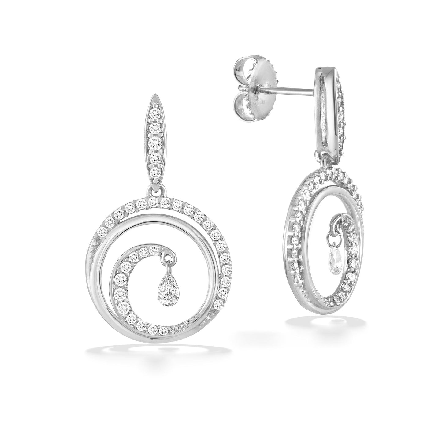 White gold dangle earrings with wave-shaped open circles & a pear-shaped shimmer diamond drop. Item No. 43386
