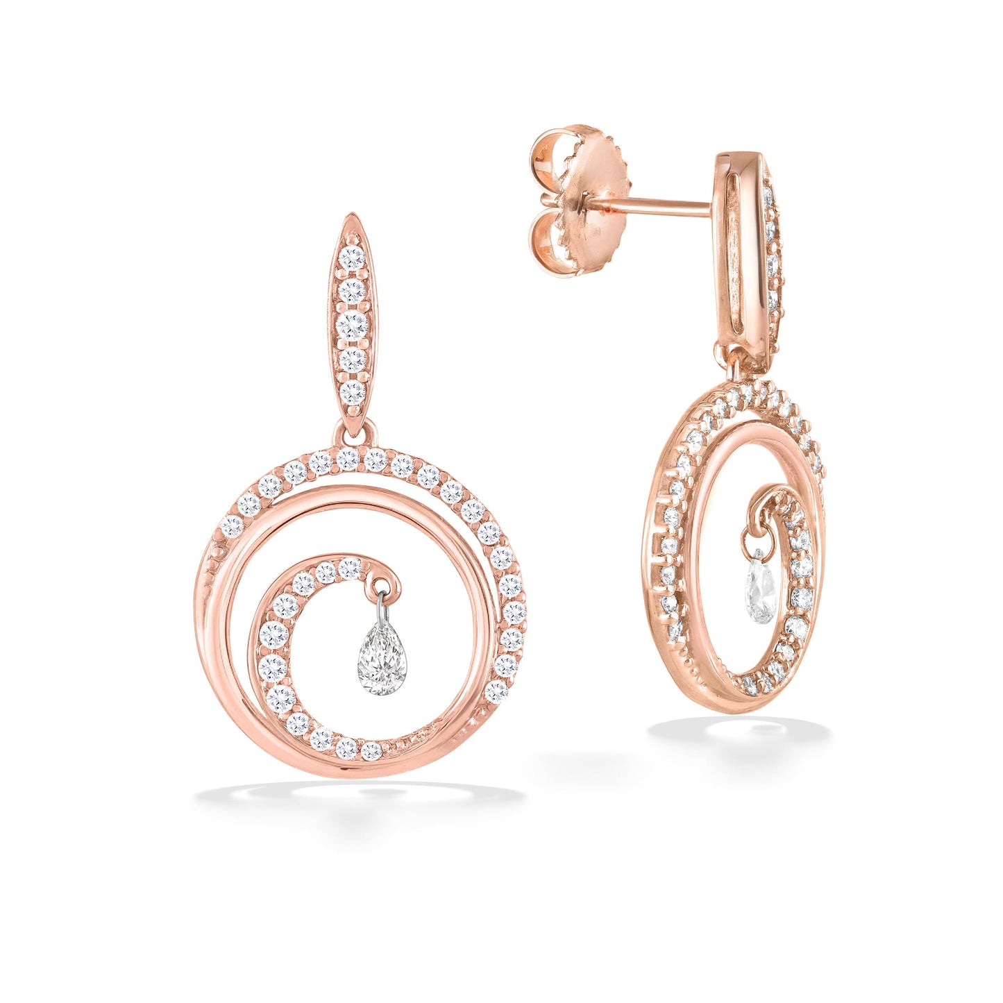Dangle earrings with double wave circles set in rose gold featuring pavé-set diamonds & a pear-shaped shimmer. Item No. 43387