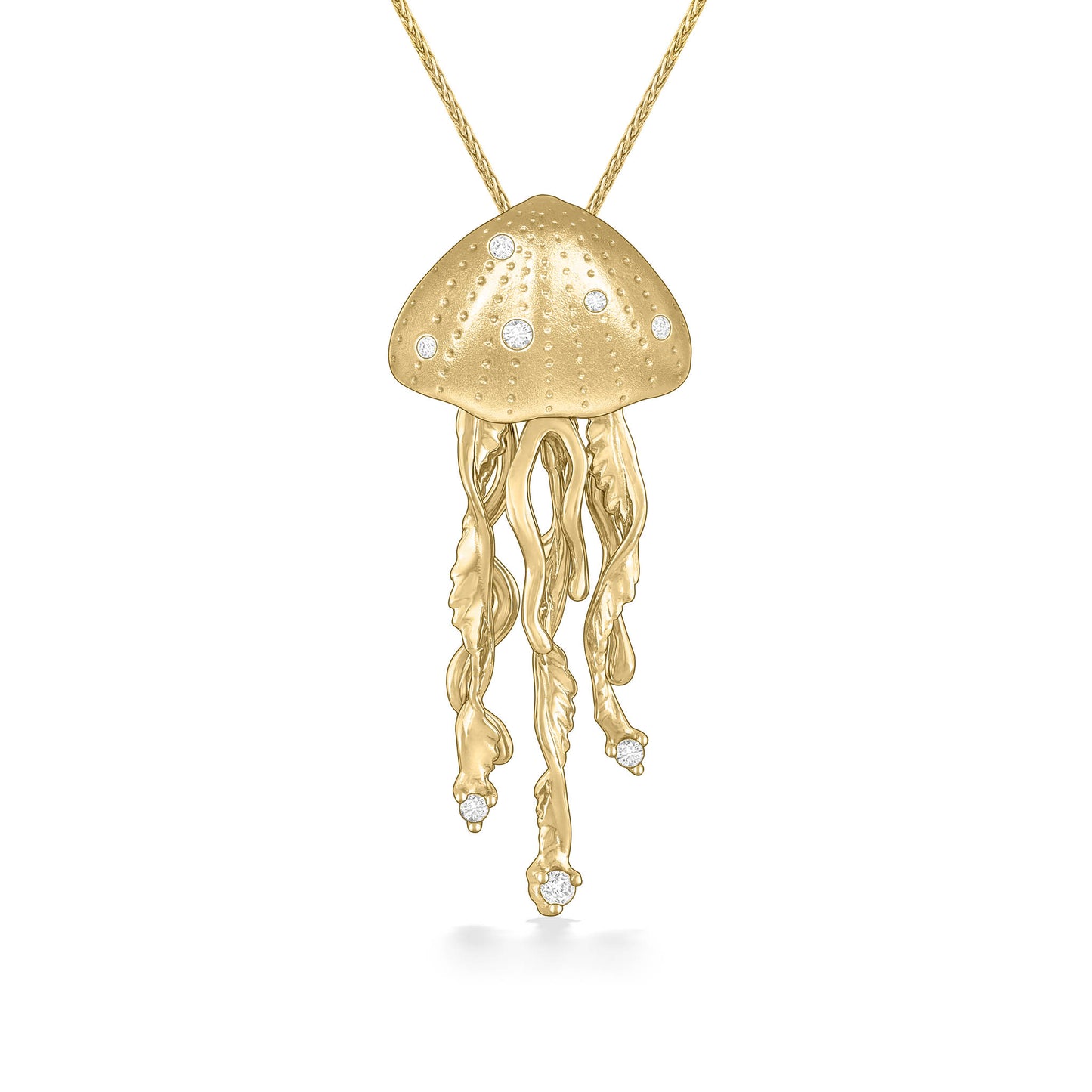 Jellyfish gold pendant with delicate tentacles and diamond accents on an 18-inch matching gold chain. Item No. 43295
