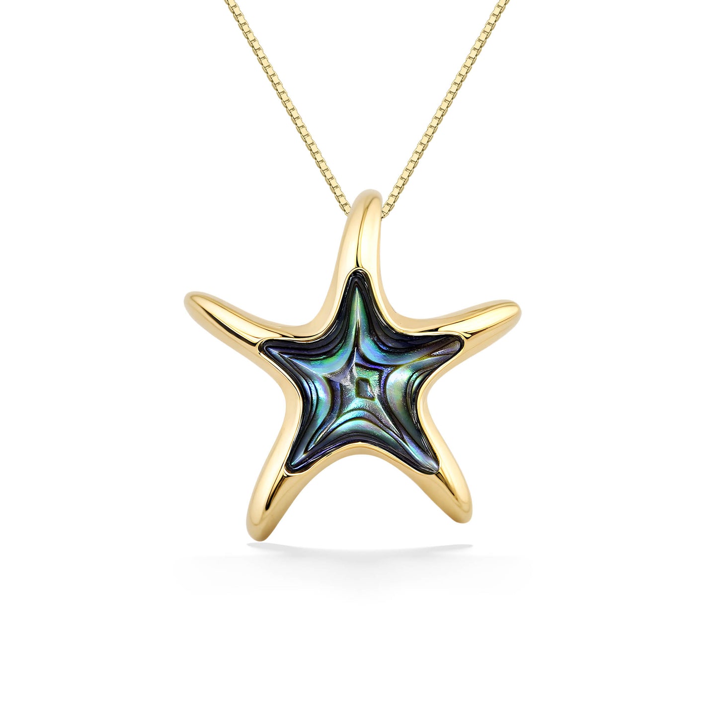 Starfish pendant set in 14k yellow gold with an abalone inlay inside, hung on a yellow gold chain. Item No. 43251