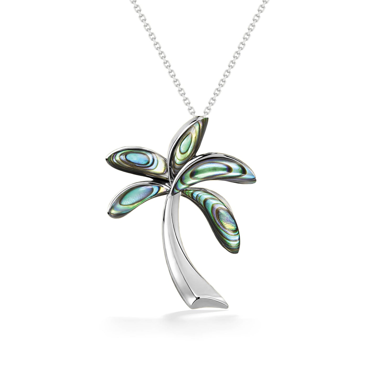 White Gold Palm Tree pendant with Abalone inlay on a chain. Item 47551