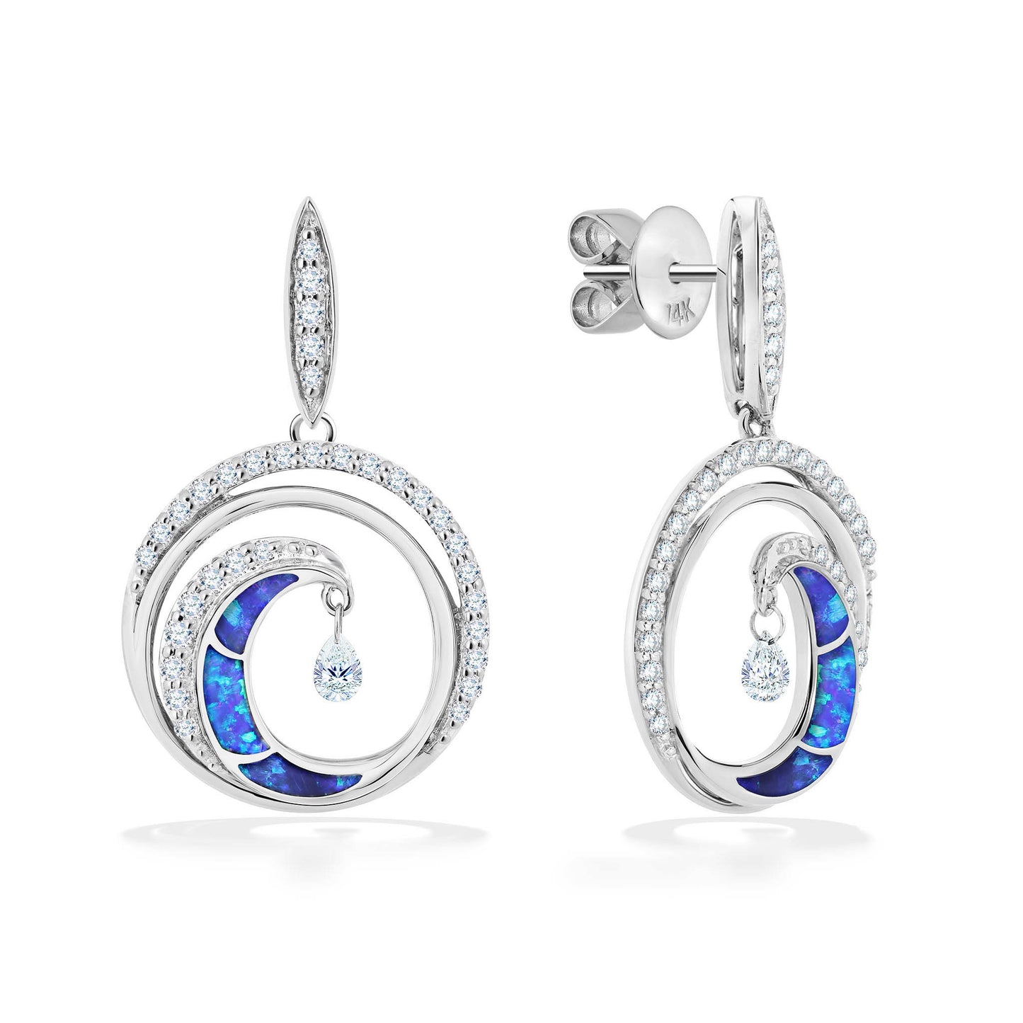 Partial view of white gold Ultimate Wave Dangle Earrings. Opal inlay, center shimmer & surrounding diamonds. Item No. 43407