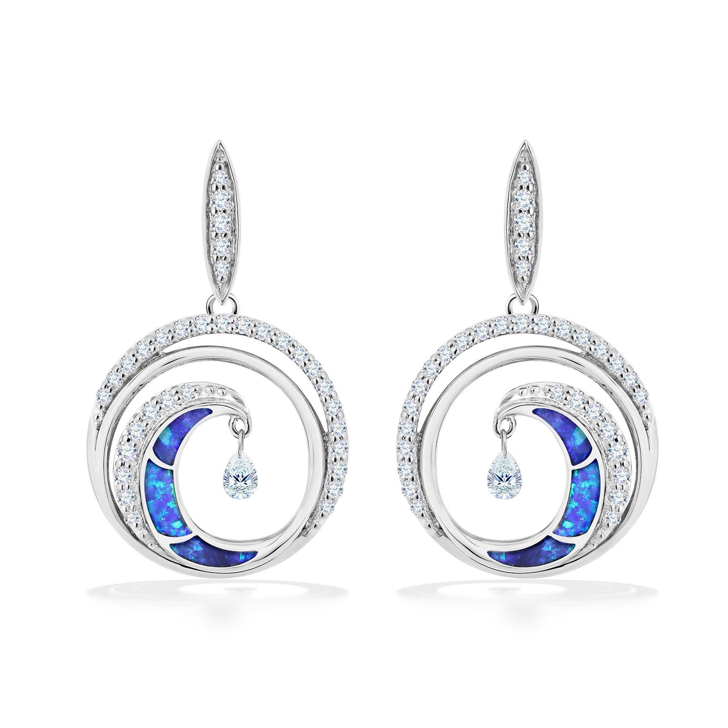 Front view of white gold Ultimate Wave Dangle Earrings with Opal inlay, center shimmer & surrounding diamonds. Item No. 43407