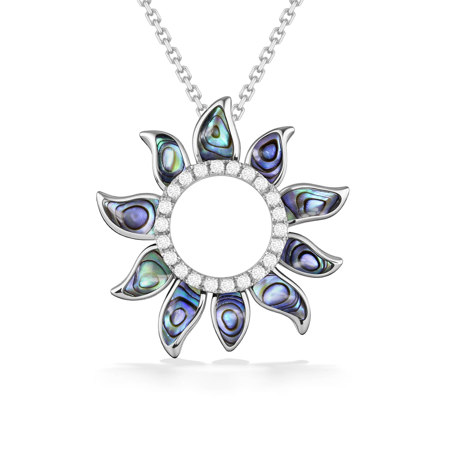Sun pendant in 14k white gold with abalone inlay and diamond-lined open circular center. Item No. 47593