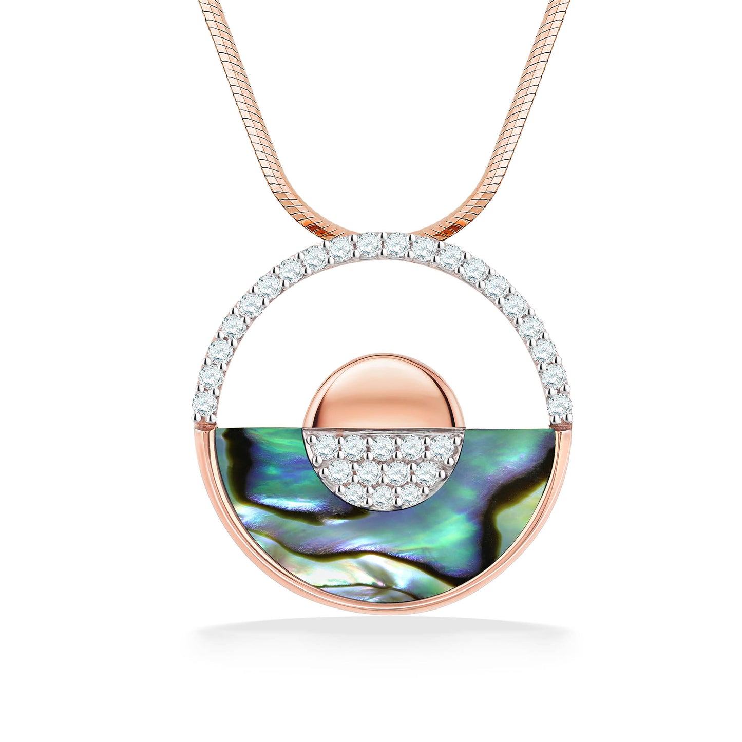 Rose gold circle pendant with diamond lined hollow top half, abalone bottom half & diamond accent full center. Item No. 47590