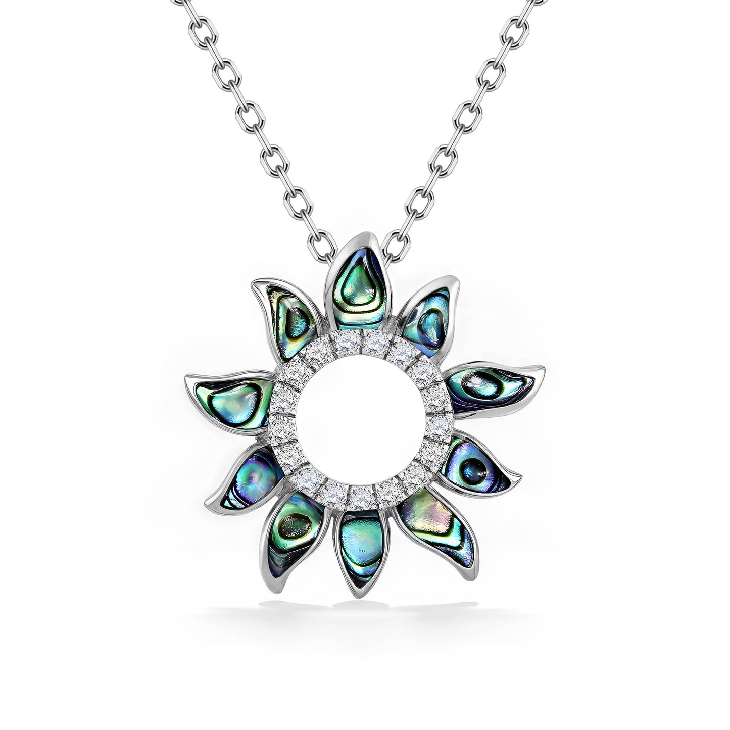 White gold sun pendant on white gold chain with abalone in the rays of the sun and diamond set inner circle. Item No. 47594