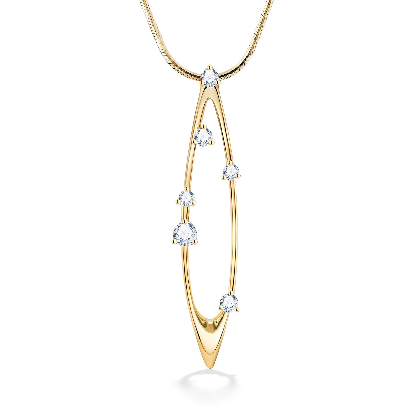 Skinny marquise-shaped pendant necklace in yellow gold with six diamond accents on sleek open frame design. Item No. 43952