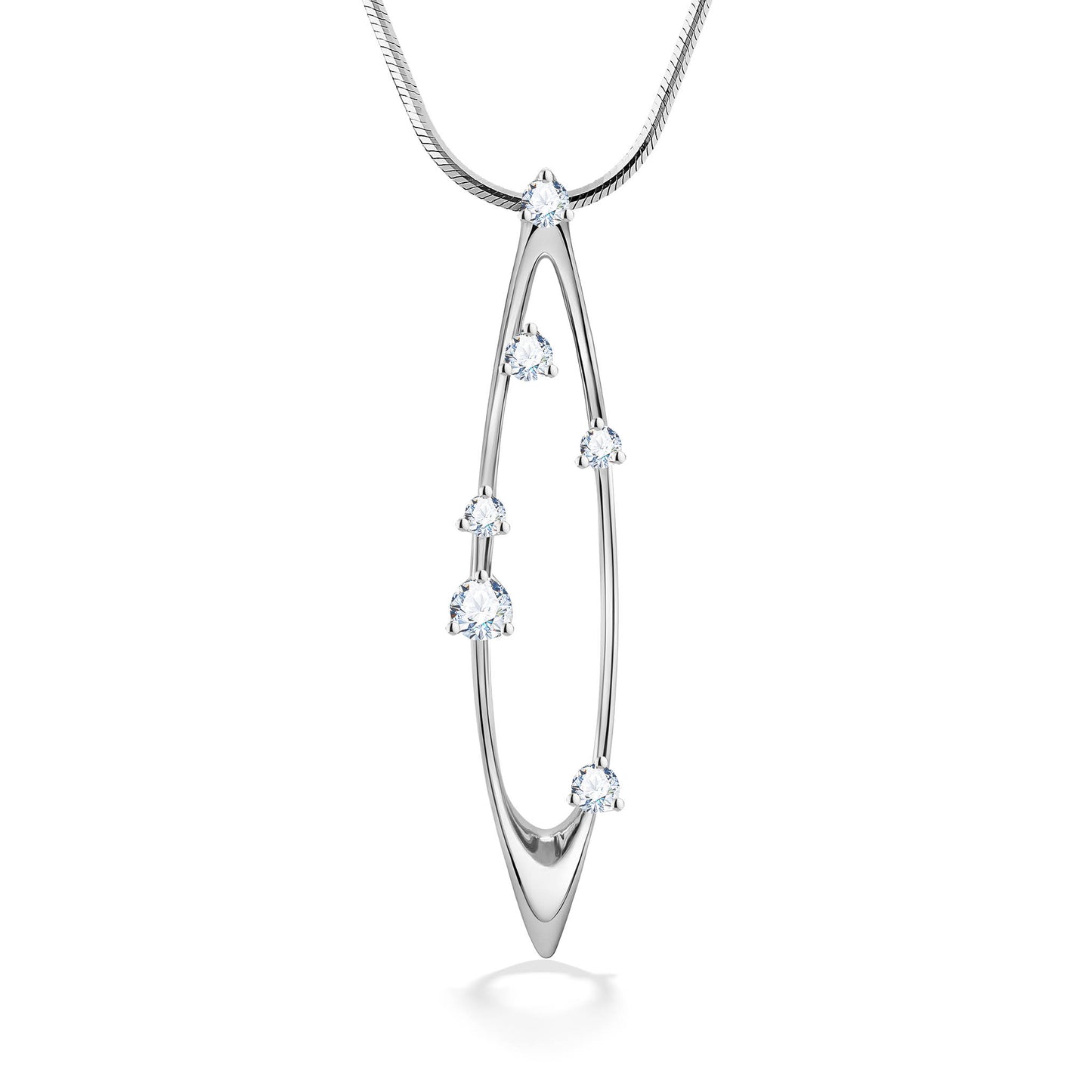 White gold pendant with six diamonds in an open oval design on a sleek snake chain necklace. Item No. 43953