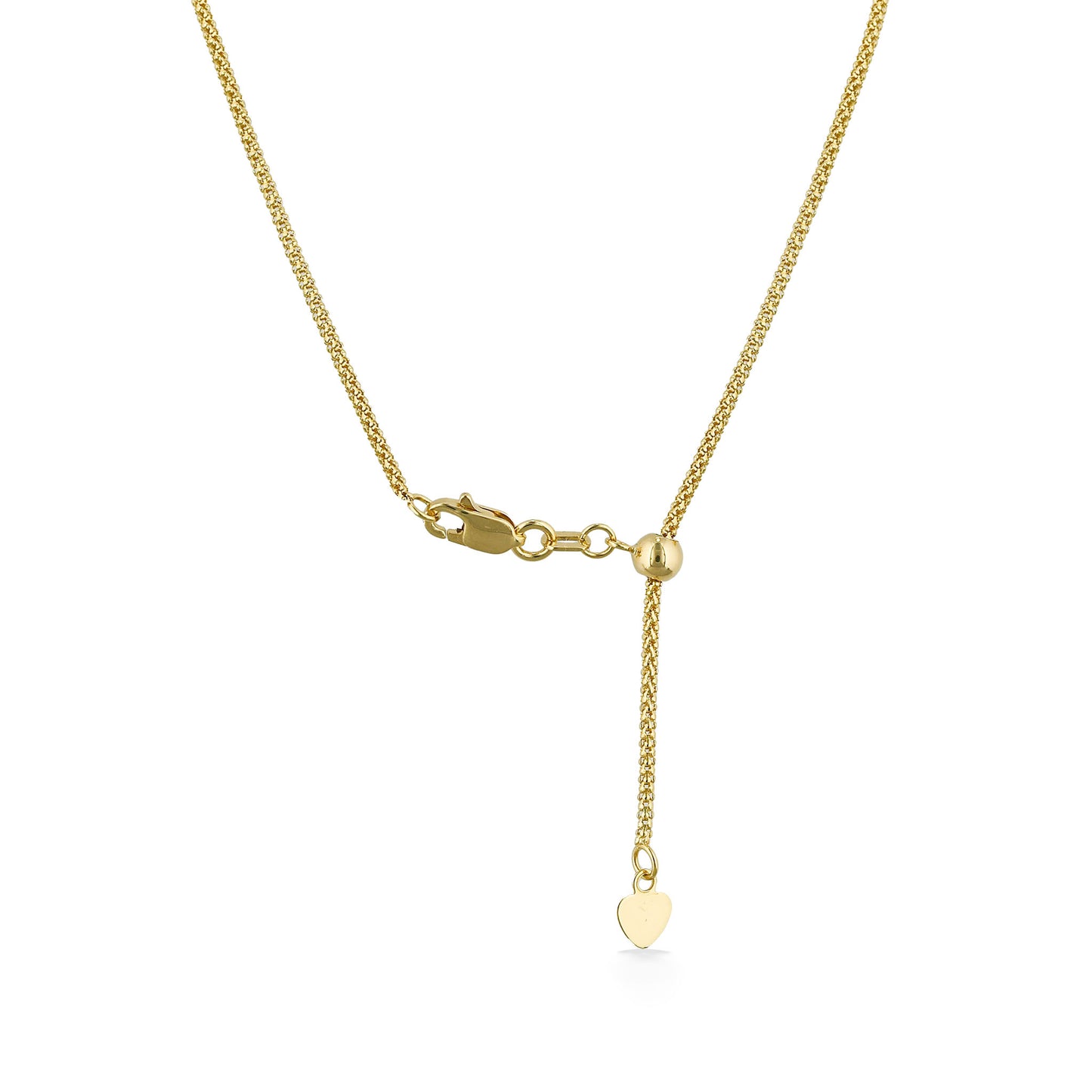 Adjustable diamond-cut popcorn chain featuring a lobster clasp, sliding bead, and charm at the end. Item No. 771256