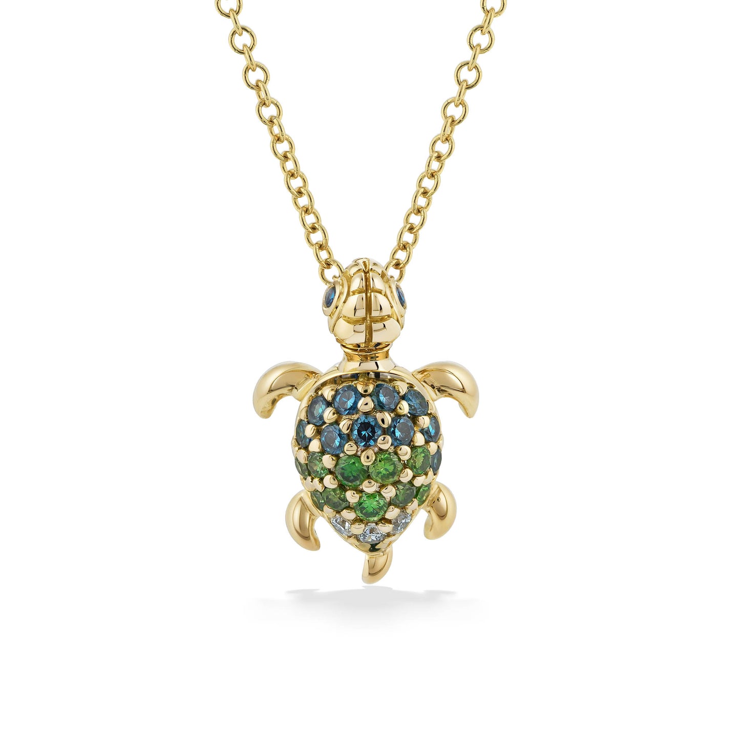 Charming 14k yellow gold turtle pendant with multicolor diamonds in an ombre effect. Item No. 771289