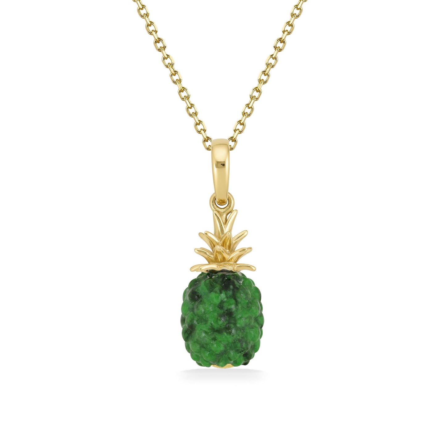 This pineapple pendant highlight rich green maw sit sit carved stone texture capped with polished gold leaves. Item No. 43528