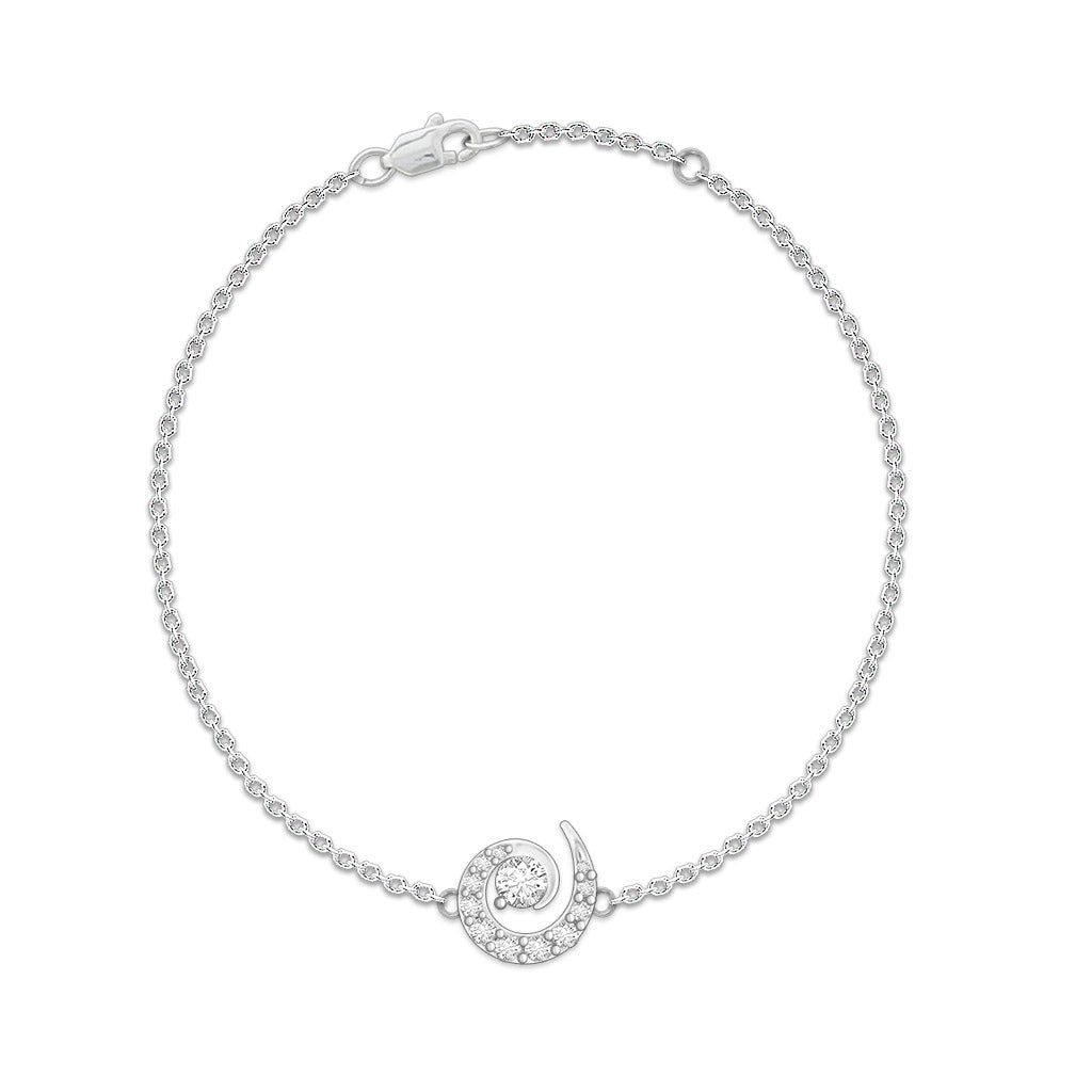 Diamond-lined swirly charm with a center stone bracelet on a fine chain, made in 14k white gold. Item No. 43541
