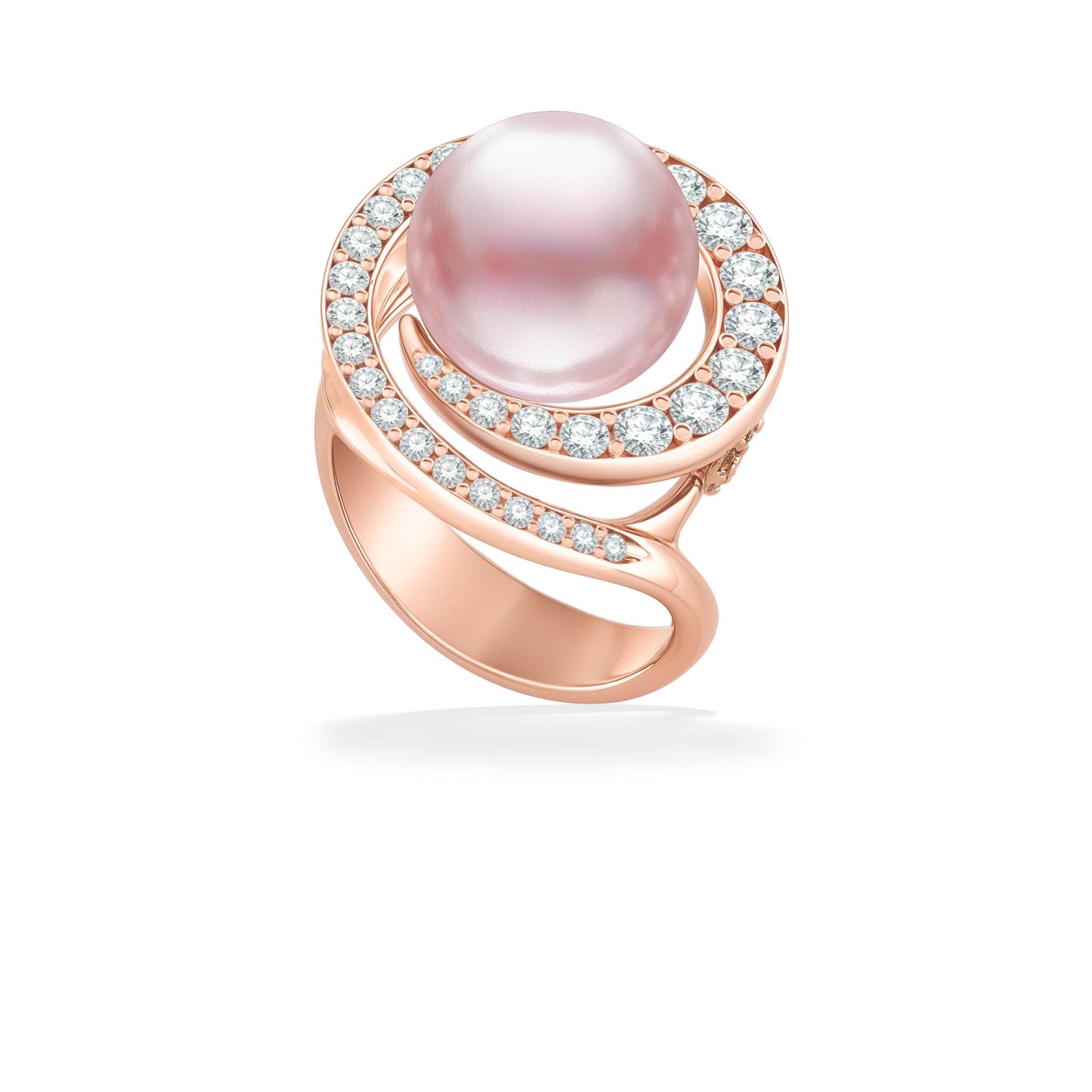 Rose gold ring with an 11mm pink freshwater pearl and diamond-lined accented wave setting. Item No. 43554