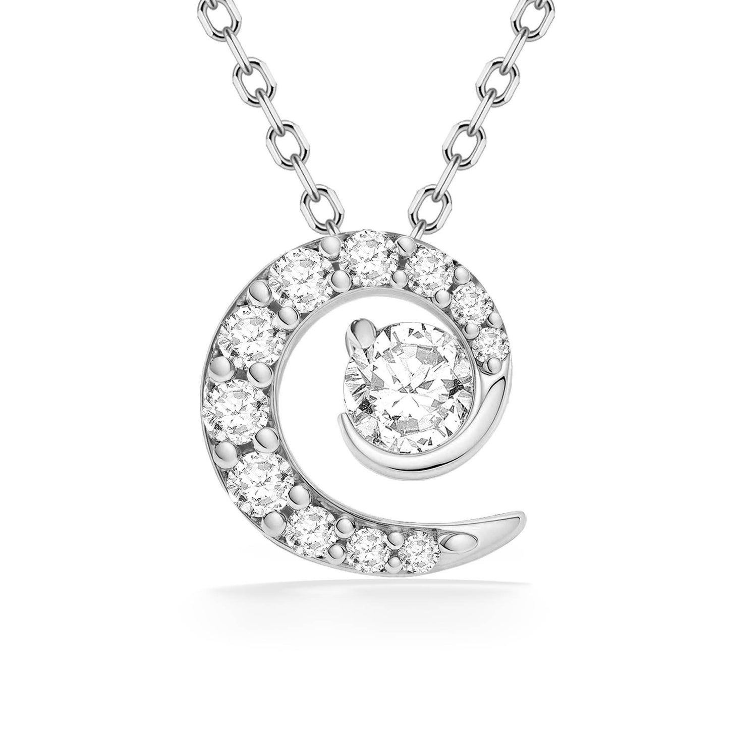 White gold pendant with a wave design, pavé diamonds, and a prong-set center stone on fine white gold chain. Item No. 43766