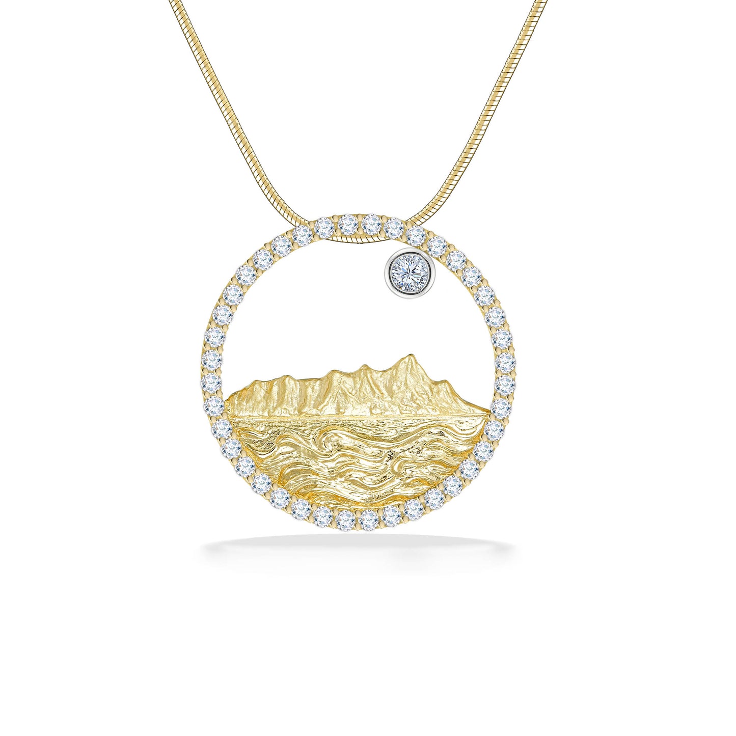 Gold Diamond Head pendant with ocean waves in diamond-lined circle, sun symbolized by bezel diamond. Item No. 43674