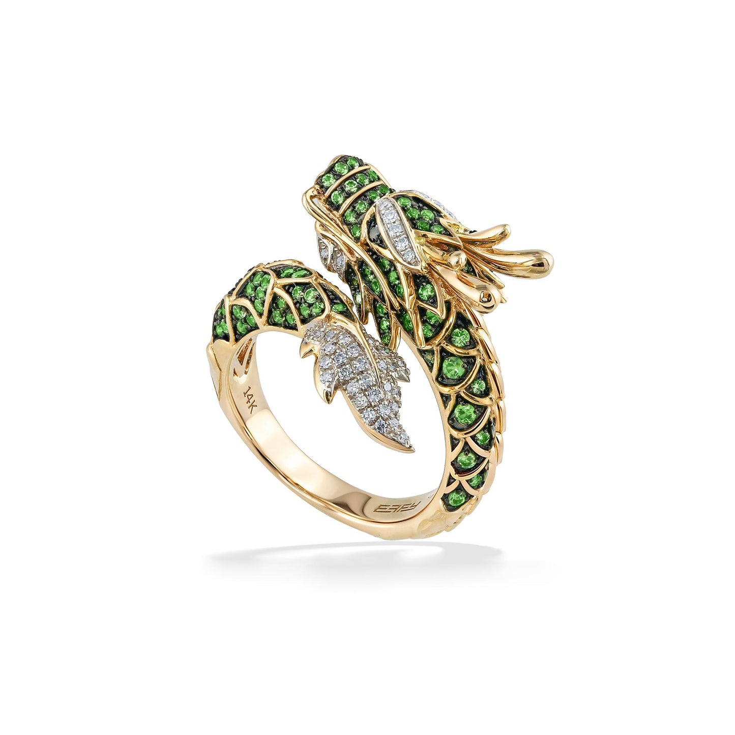 Asian-inspired dragon ring set in 14K yellow gold with tsavorite scales and black & white diamond detailing. Item No. 889532