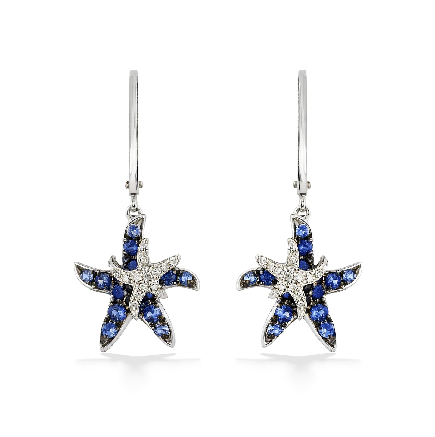 White gold starfish leverback earrings with blue sapphires and diamond pavé-set accents. Item No. 771993