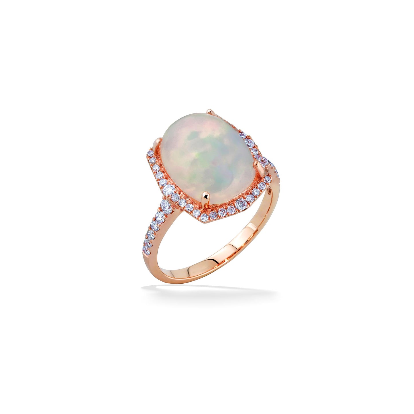 Angled view of sparkling rose gold ring featuring opal center with halo & side diamonds around the setting. Item No. 889596