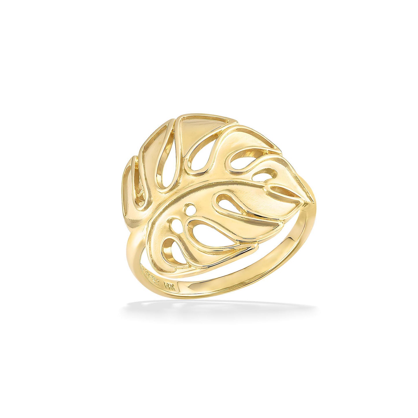 Monstera leaf ring in solid 14K yellow gold as a nod to the popular monstera leaf plant. Item No. 43737