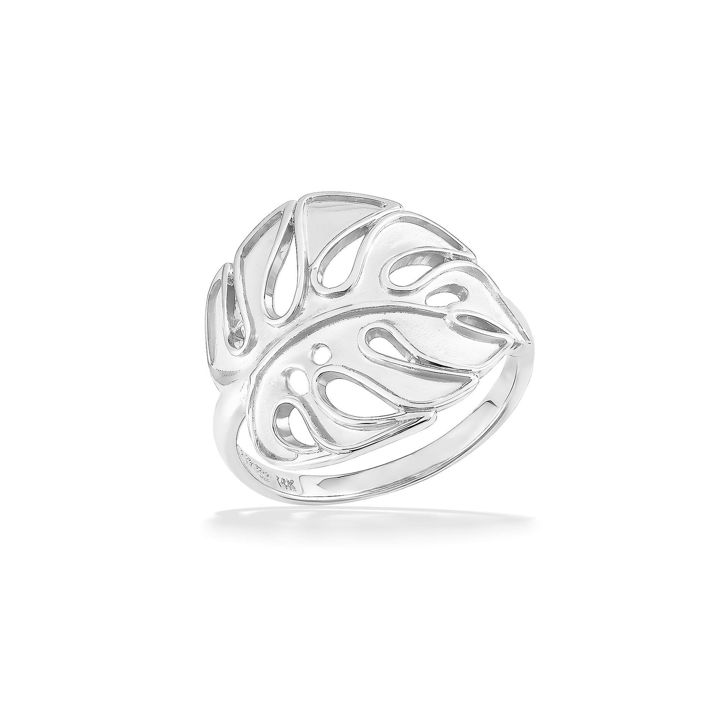Solid monstera leaf in 14K white gold, curved into a delicate ring design, inspired by the monstera plant. Item No. 43738