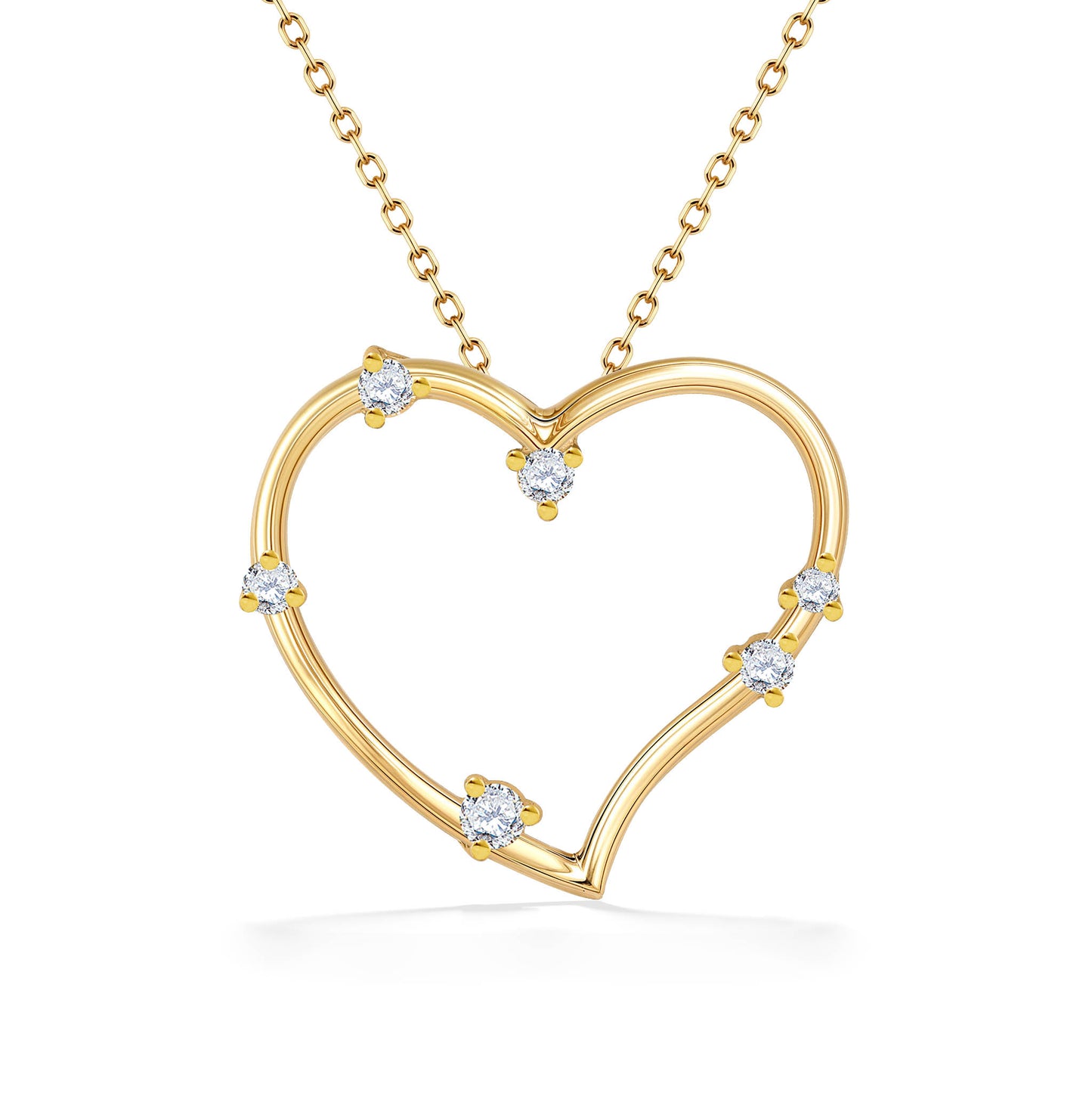 An open heart pendant in polished gold is accented with diamonds, suspended gracefully from a fine chain. Item No. 44030