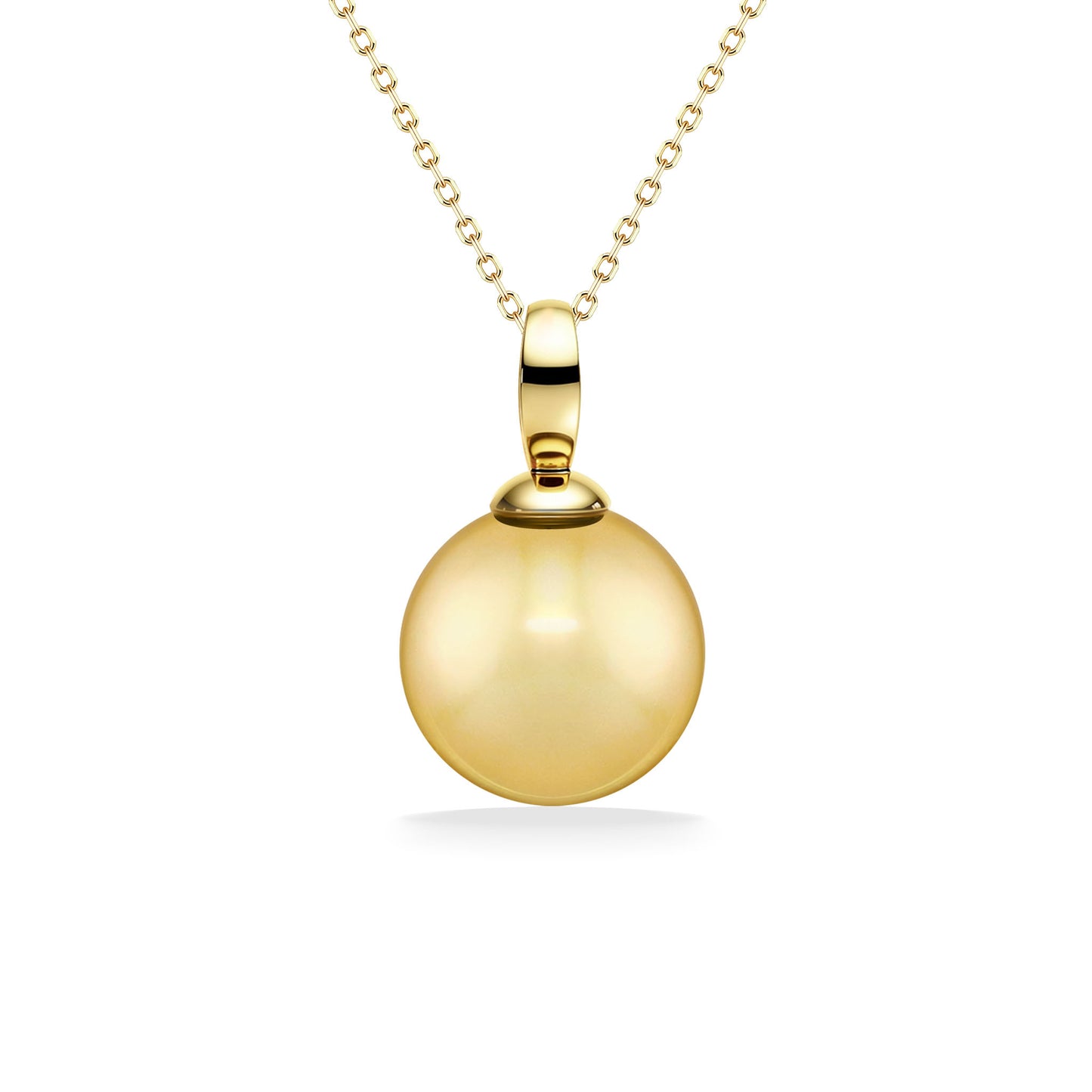 Polished 9mm Golden South Sea pearl classic pendant suspended from a 14K yellow gold chain. Item No. 44159