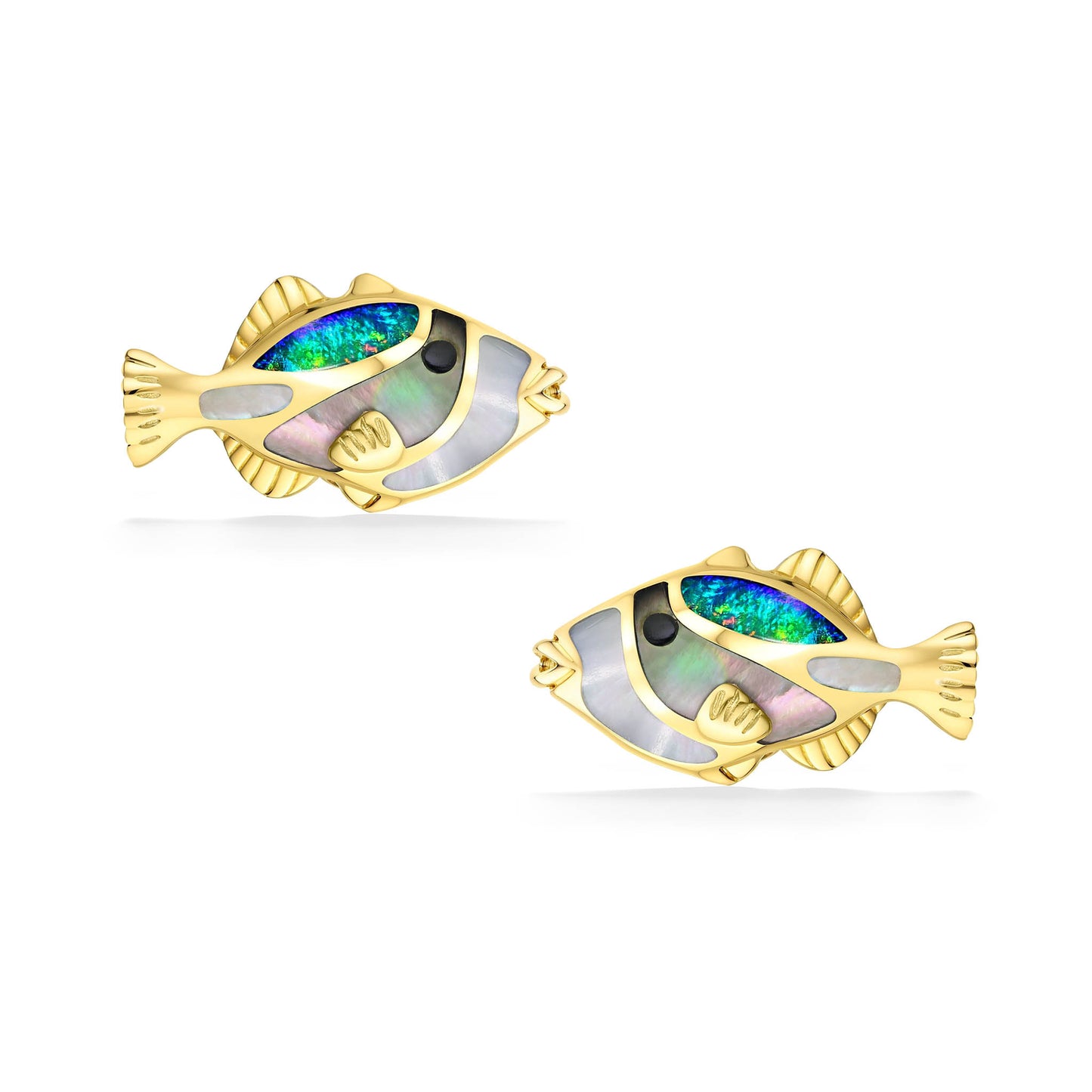 A pair of humuhumunukunukuapua'a inspired studs, with mother of pearl, onyx & opal inlays set in yellow gold. Item No. 44165