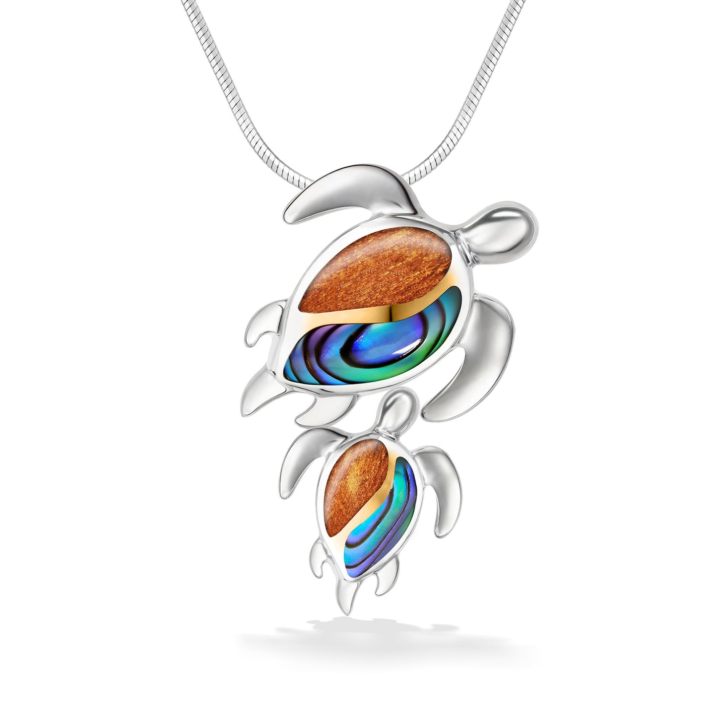 Sterling silver mom & keiki honu pendant attached to bottom. Koa wood & abalone inlay separated by gold swirl. Item No. 44216
