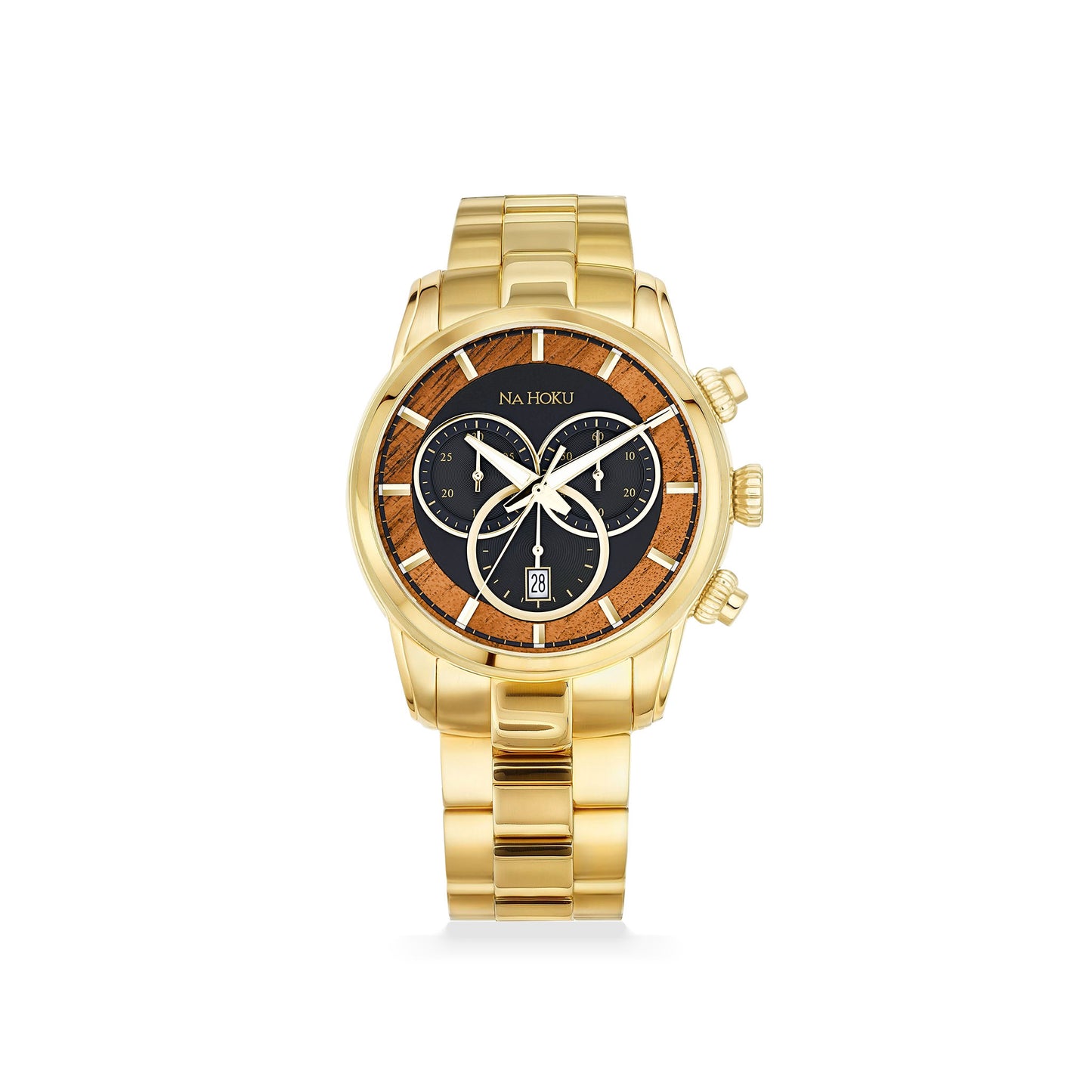 Chronograph 14k yellow gold watch with black subdials, koa wood accents & matte links with polished centers. Item No. 772256