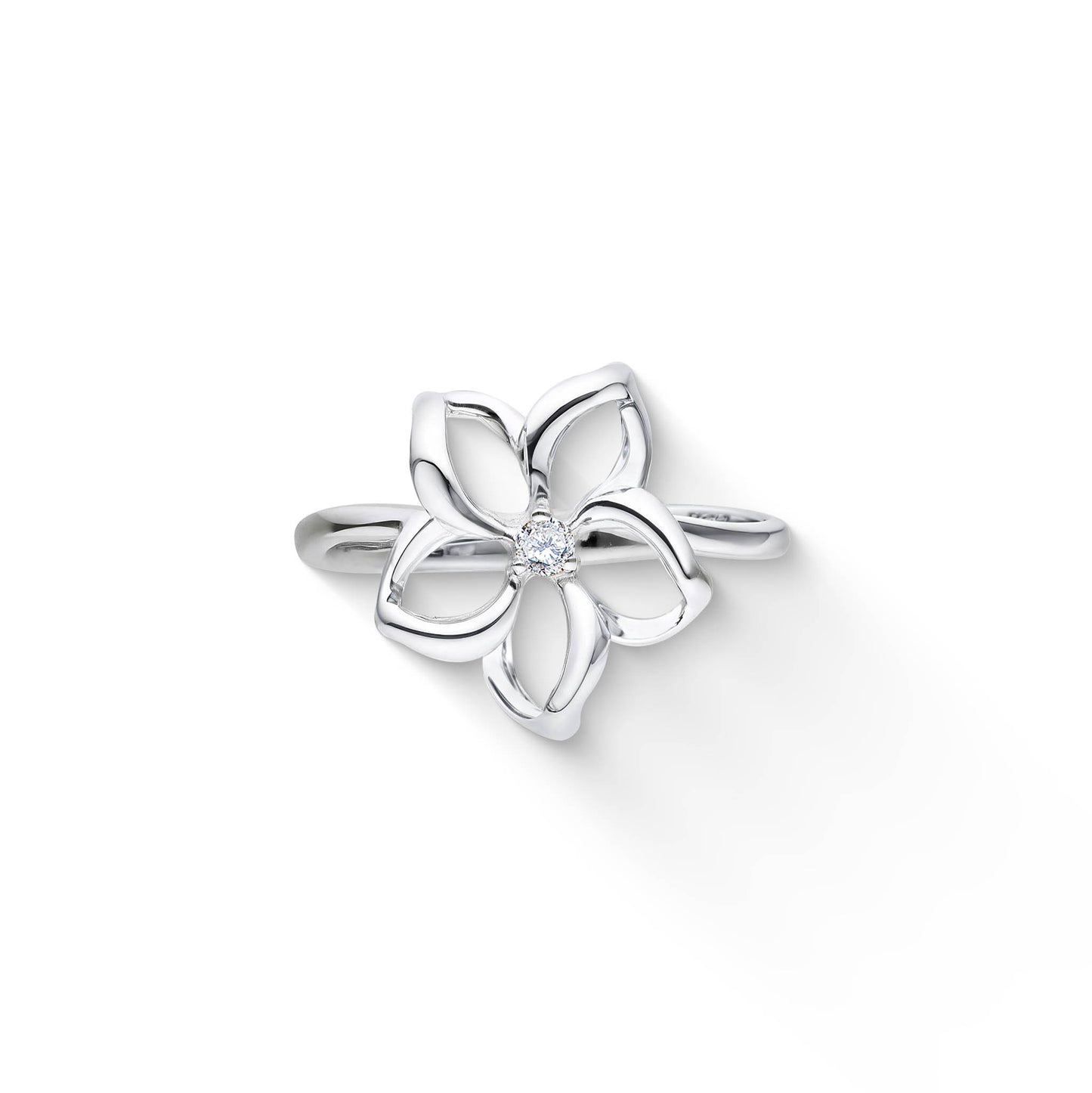 Elegant floating plumeria ring in polished 14k white gold with a diamond center stone. Item No. 44251