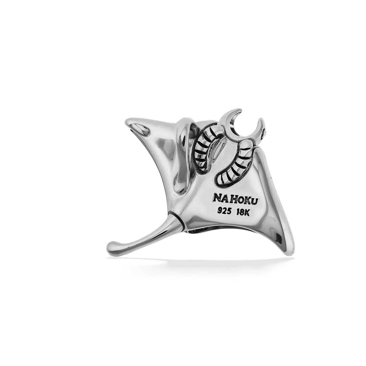 44253 - 18K Yellow Gold and Sterling Silver - Carved Black Mother of Pearl Tattoo Manta Ray Pendant