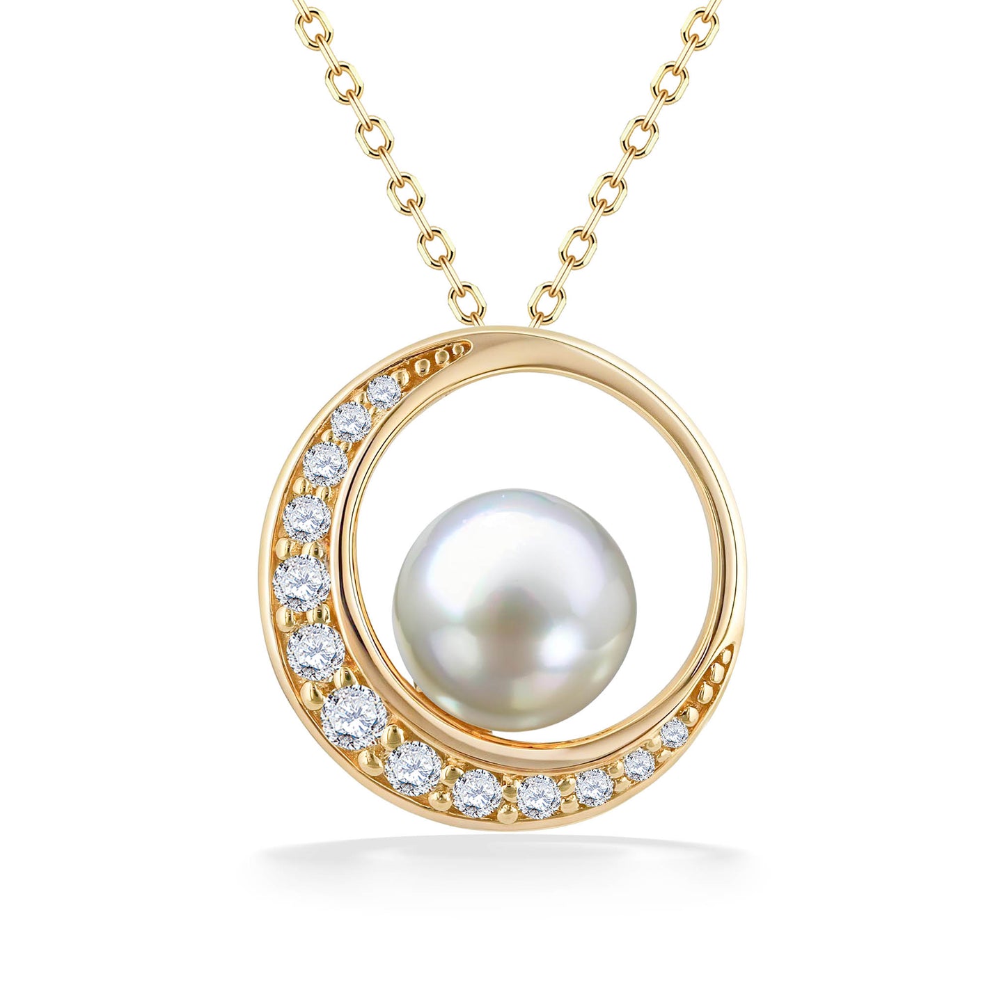 Radiant 14k yellow gold circle pendant embracing a luminous akoya pearl, accented with a crescent of diamonds. Item No. 44263