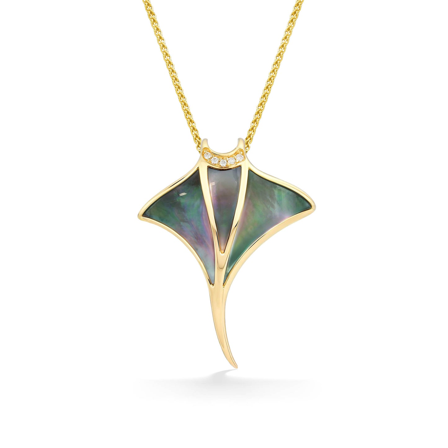 Manta Ray shaped pendant featuring Tahitian mother of pearl inlay & diamond accents. Hanging from gold chain. Item 722473