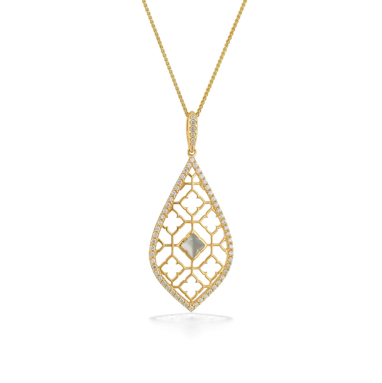 Pear-shaped gold pendant featuring Alhambra inspired filigree, diamond border & white mother of pearl center. Item No. 722475