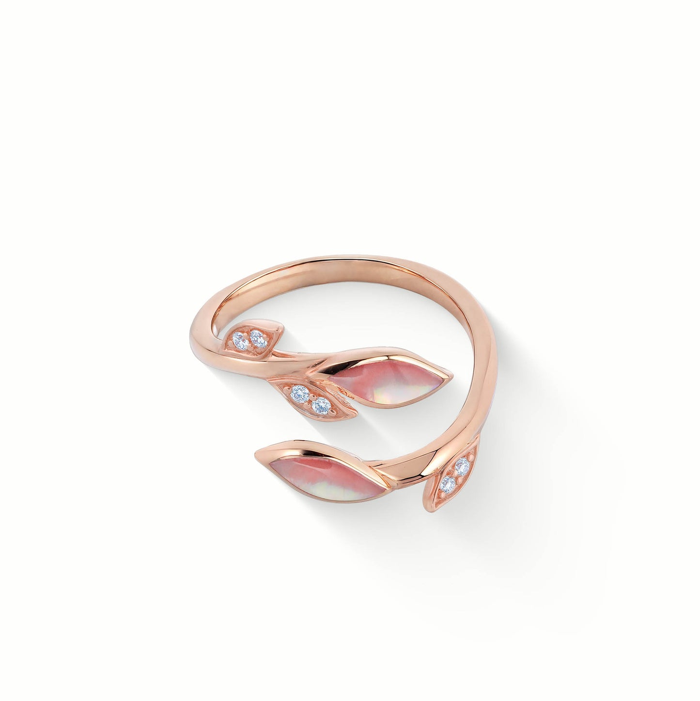 Front view of bypass ring in rose gold with pink mother of pearl inlay and diamond vine leaves. Item No. 722477