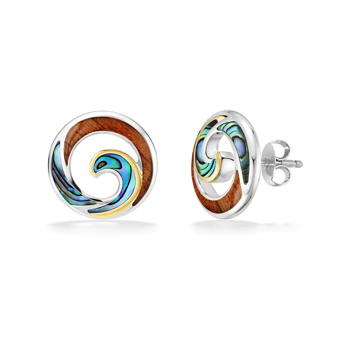 Side view of round earrings with the curved inlay of abalone shell & koa wood in a polished silver setting. Item No. 44298